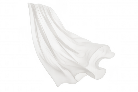 White sheer fabric gently fluttering and flowing in the wind, creating soft, delicate waves. Transparent background