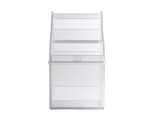 Empty white fridge drawer with shelves, on black backdrop