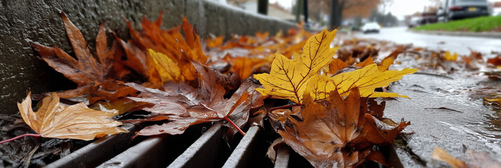 Pile of leaves near storm drain causing urban drainage issue