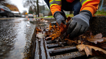 Worker removing pile of leaves from storm drain to prevent flooding