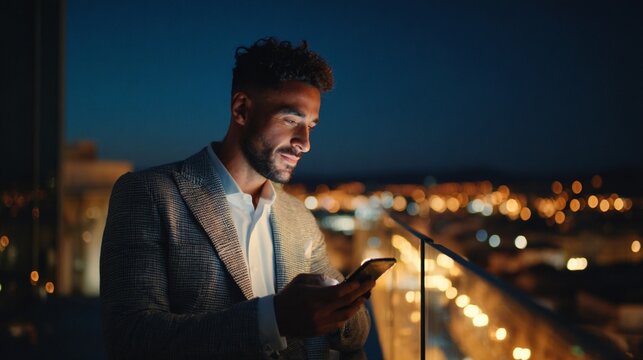 A man dressed in a formal suit smiles as he looks at his smartphone while standing on a balcony. Bright city lights illuminate the skyline in the background during nighttime.