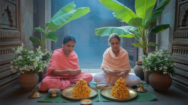 Devotees Preparing Offerings During Janmashtami Festival, Celebrating Krishna's Birth, with Traditional Sweets and Decorations for Lathmar Holi Jhulan Yatra Raas Leela Sharad Purnima Govardhan Puja