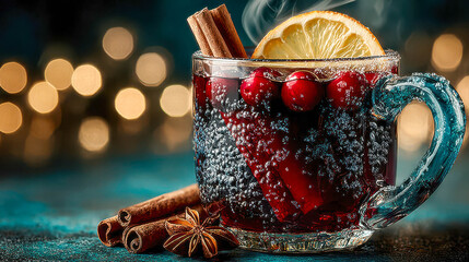 Warm spiced drink with cinnamon and citrus served in a clear glass mug during cozy winter gathering