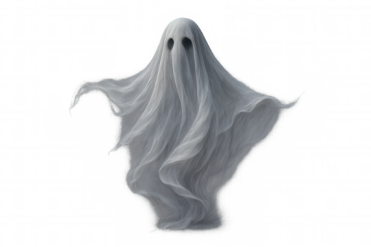 Halloween spooky ghost floating, spectral phantom spirit hovering, mystical supernatural entity, transparent background