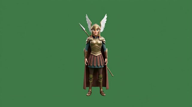 Animated Female Valkyrie Warrior Character in Armor with Wings on Green Screen