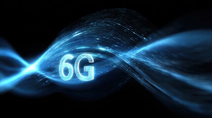 A futuristic representation of 6G technology, showcasing dynamic blue waves and glowing text, symbolizing advanced connectivity and communication.