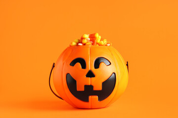 Cauldron in shape of pumpkin with tasty Halloween candy corns on orange background, closeup
