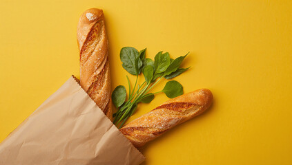 Baguette and greens on yellow bread spinach