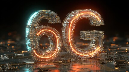 A futuristic representation of "6G" technology, showcasing illuminated circuitry and digital elements.