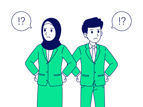 Cartoon illustration of confused businessman and muslim businesswoman