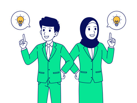 Cartoon illustration of happy business man and woman finding an idea or solution