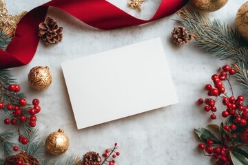 A festive arrangement featuring a blank card surrounded by red ribbons, pine branches, berries, and golden ornaments, perfect for holiday greetings.