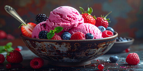 A beautifully arranged bowl of vibrant pink mixed berry sorbet, lavishly garnished with fresh strawberries, raspberries, and blueberries
