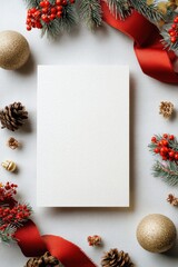 A festive arrangement featuring pinecones, red berries, and golden ornaments surrounding a blank white card on a textured surface.