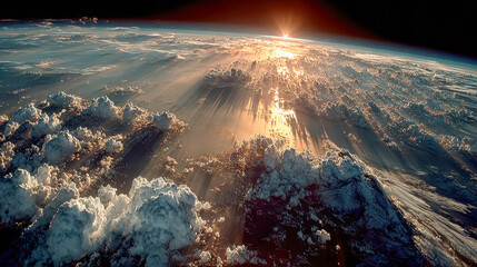 Majestic sunrise over Earth viewed from space with clouds and shadows stretching across the horizon