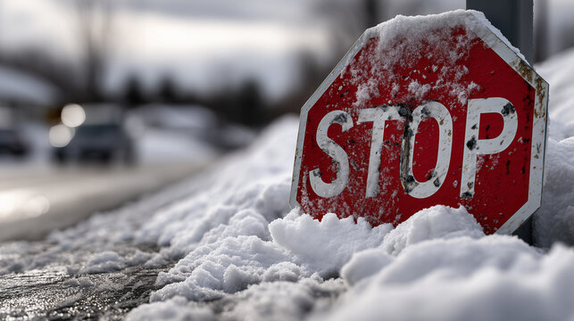 Snow-covered stop sign on icy roadside in residential neighborhood