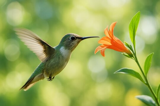Hummingbird hovering near orange flower in sunlight with soft bokeh forest background, showing delicate wings and vibrant natural beauty. Ai generative