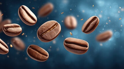 A dynamic composition of floating coffee beans against a blurred blue background, emphasizing their texture and richness.