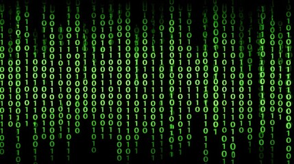 A digital representation of cascading green binary code on a black background, evoking themes of technology and data.