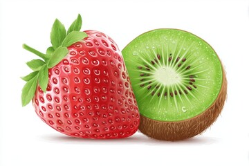 A vibrant illustration of a strawberry beside a sliced kiwi, showcasing their bright colors and textures.