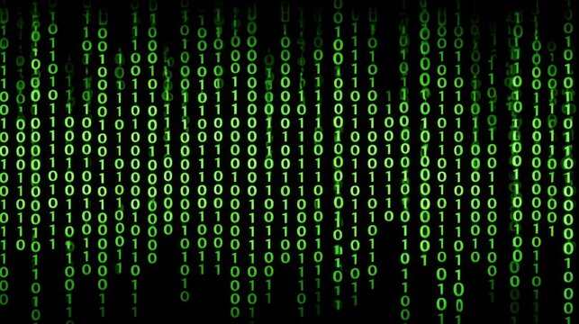 A digital representation of cascading green binary code on a black background, evoking themes of technology and data.