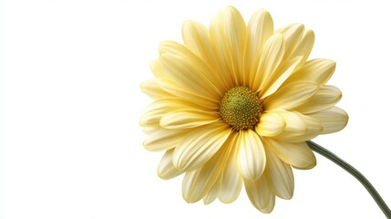 A close-up of a vibrant yellow flower with layered petals, showcasing its intricate texture and central disc, set against a simple white background.