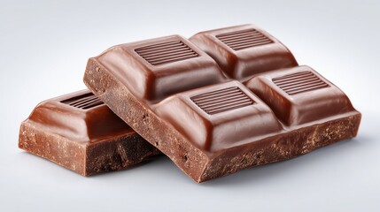 A close-up of rich, dark chocolate bars stacked together, showcasing their smooth texture and detailed patterns on the surface.
