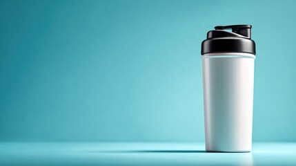 A minimalist shaker cup stands against a vibrant teal background, emphasizing sleek design and fitness.
