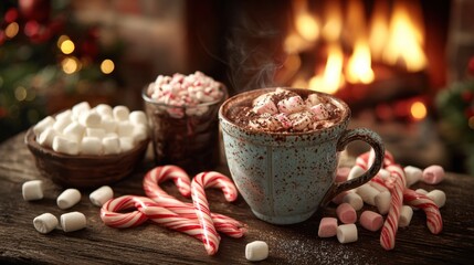 A cozy scene featuring a mug of hot chocolate topped with marshmallows, surrounded by candy canes and bowls of marshmallows, set against a warm fireplace backdrop.