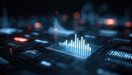 Digital Data Visualization on Abstract Circuit Board with Blue Graph Bars and Red Bokeh Points