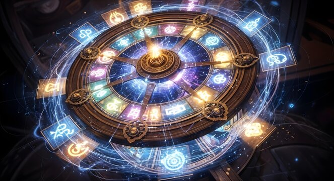 A mystical zodiac wheel with celestial symbols, representing our cosmic connection and destiny