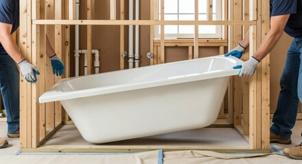 Two male construction workers carefully installing a new white bathtub into a framed bathroom during a home renovation project, with exposed plumbing visible.