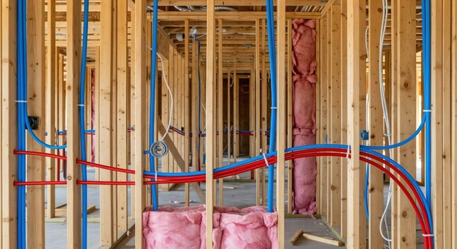 New residential home construction interior with exposed wooden framing, modern PEX plumbing pipes, and pink fiberglass insulation installation.