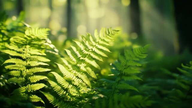 Close up of vibrant green fern leaves illuminated by sunlight