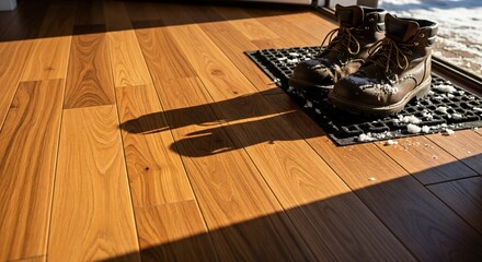 Brown winter boots covered in melting snow on a black doormat next to a warm wooden floor illuminated by sunlight entering a home entrance.