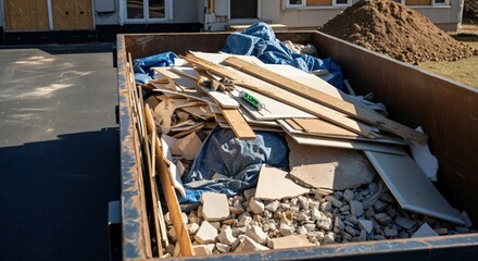 Large metal dumpster filled with construction and renovation debris, including wood, drywall, and concrete rubble, at a building site on a sunny day.
