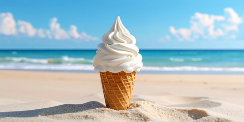 A creamy vanilla soft serve ice cream cone rests on the golden sand of a beautiful tropical beach, with the turquoise ocean and blue sky in the background