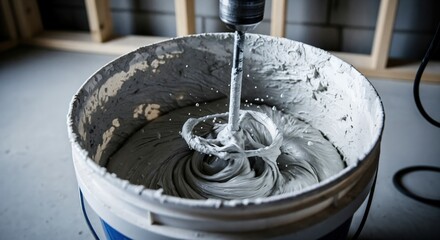 Fototapeta premium Close-up of a power drill mixing grey mortar or plaster in a white bucket on a construction site, preparing material for renovation work.