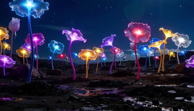 Dry magical 3D luminescent flowers in purple, blue, orange, and yellow, giant bulbous blooms emerging from black earth, fantastical cinematic animation with smooth textures
