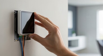 Close-up of a person's hand installing a modern white smart home thermostat control panel onto a wall with visible electrical wiring.