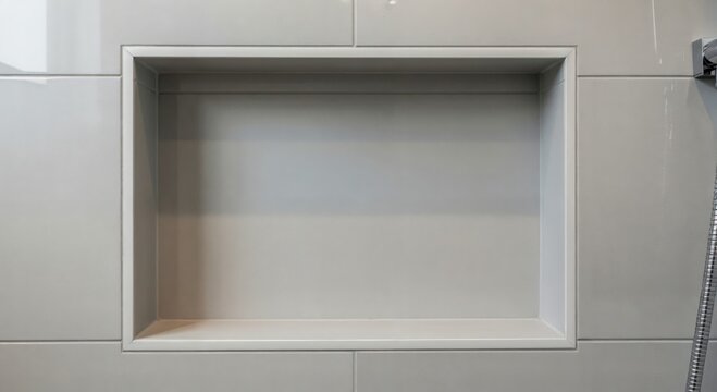 Modern built-in shower niche in a contemporary bathroom with light gray glossy tiles, offering a clean and functional storage solution.