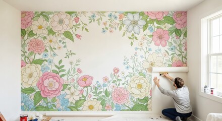 Man installing vibrant floral wallpaper with large pink and yellow flowers in a bright room, home improvement project.