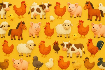 Obraz premium Cute cartoon farm animals pattern on yellow background showcasing cows, chickens, pigs, sheep, horses, and chicks in playful style. Ai generative