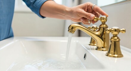 Person's hand adjusting a classic gold-colored water tap, with fresh water running into a modern white basin in a home bathroom.