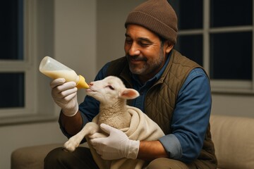 Farmer feeding baby lamb with bottle while sitting indoors at night, warm lighting and cozy atmosphere, compassion and care concept. Ai generative