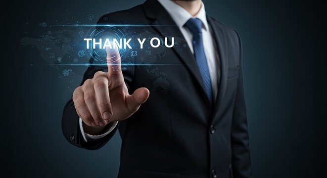 Confident professional in a sharp suit touches a glowing futuristic screen displaying 'THANK YOU' with global network icons, signifying appreciation and connectivity