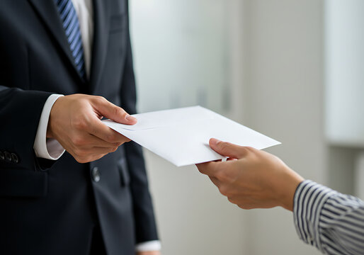 Close-up image of hands passing a white business envelope, suggesting a contract, job offer, or resignation
