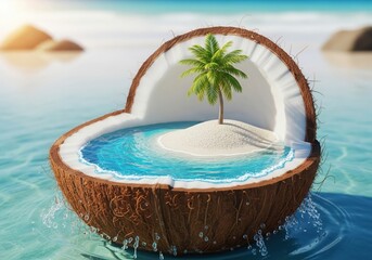 Obraz premium Miniature tropical island paradise inside a floating coconut shell on clear ocean water