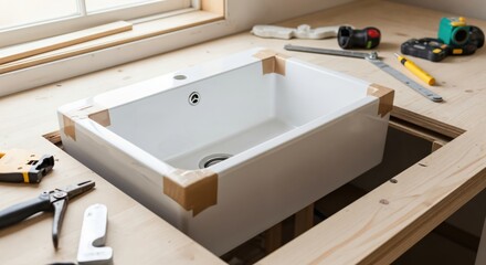 New white kitchen sink installation in a wooden countertop during a home renovation project, surrounded by various construction tools and materials.
