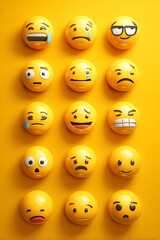 Fototapeta premium A vibrant display of various emoticon faces on a bright yellow background, showcasing emotions